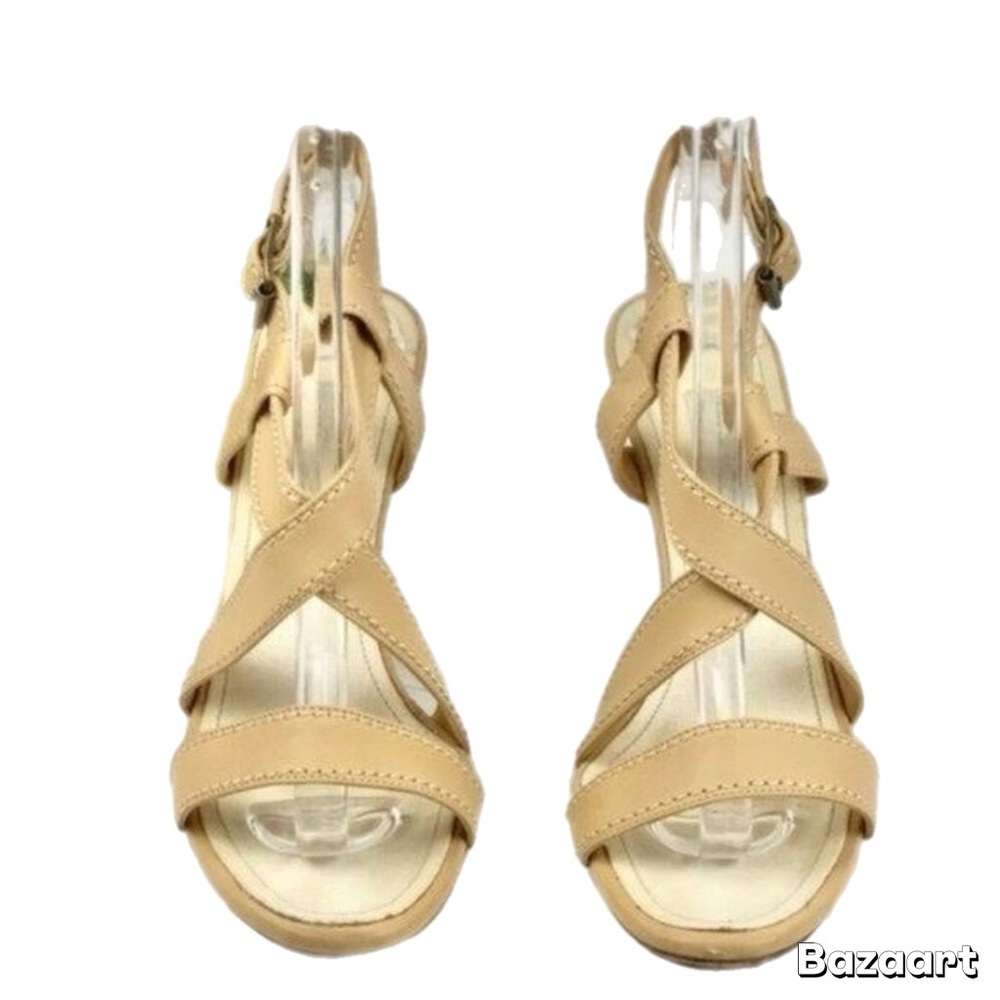 Manolo Blahnik High Heel Wedges Strappy Sandal Tan White Swirl Yald Bulgaro sz 8 - Picture 2 of 12